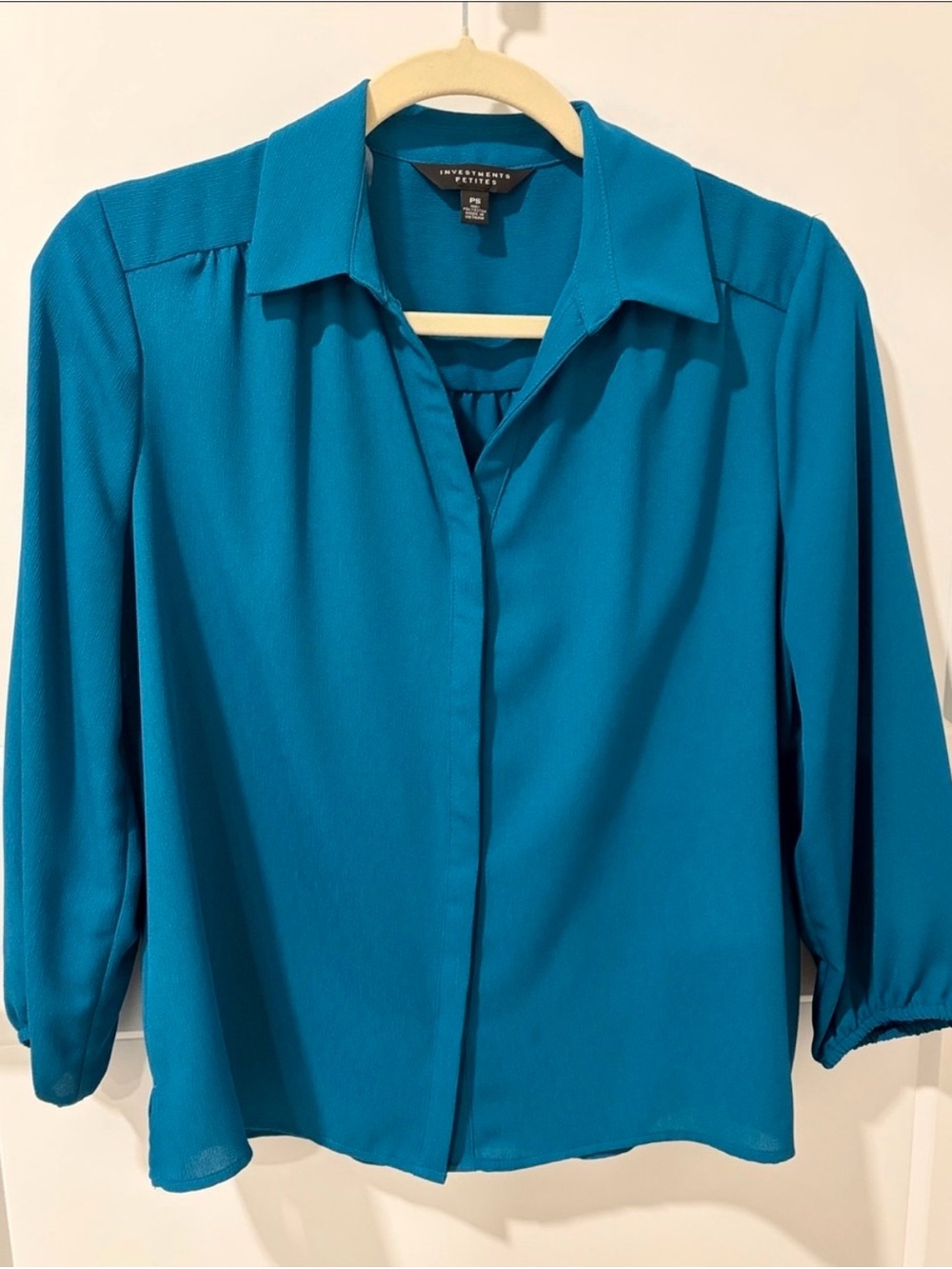 Investments Teal Blue Collared Blouse Petite Small 3/4 Sleeve Workwear